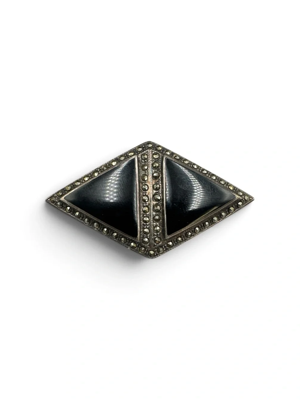 Vintage Sterling Silver Black Onyx Marcasite Brooch 2.25” Art Deco Sterling